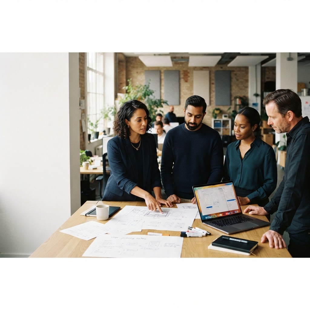 Founders and product leaders reviewing plans around a shared workspace