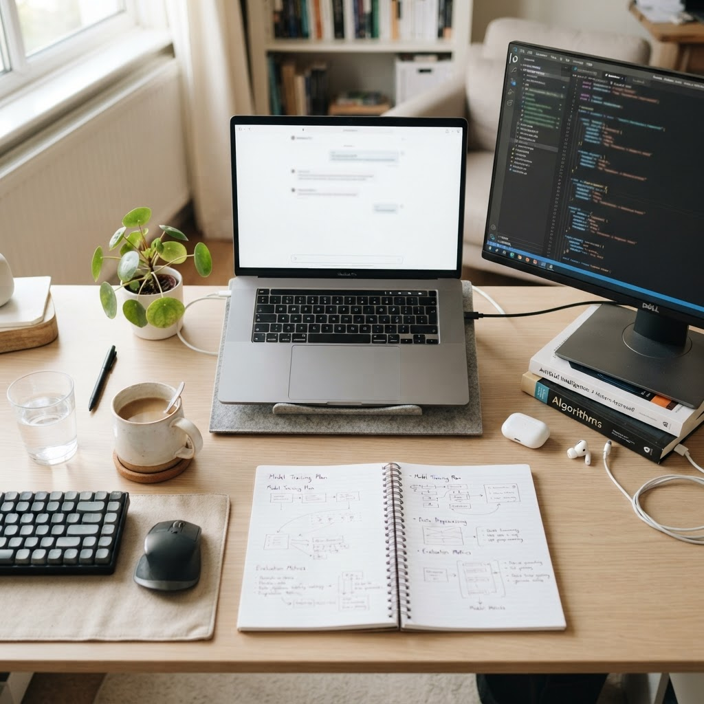 A desk arranged for chat, editor, and terminal AI workflows