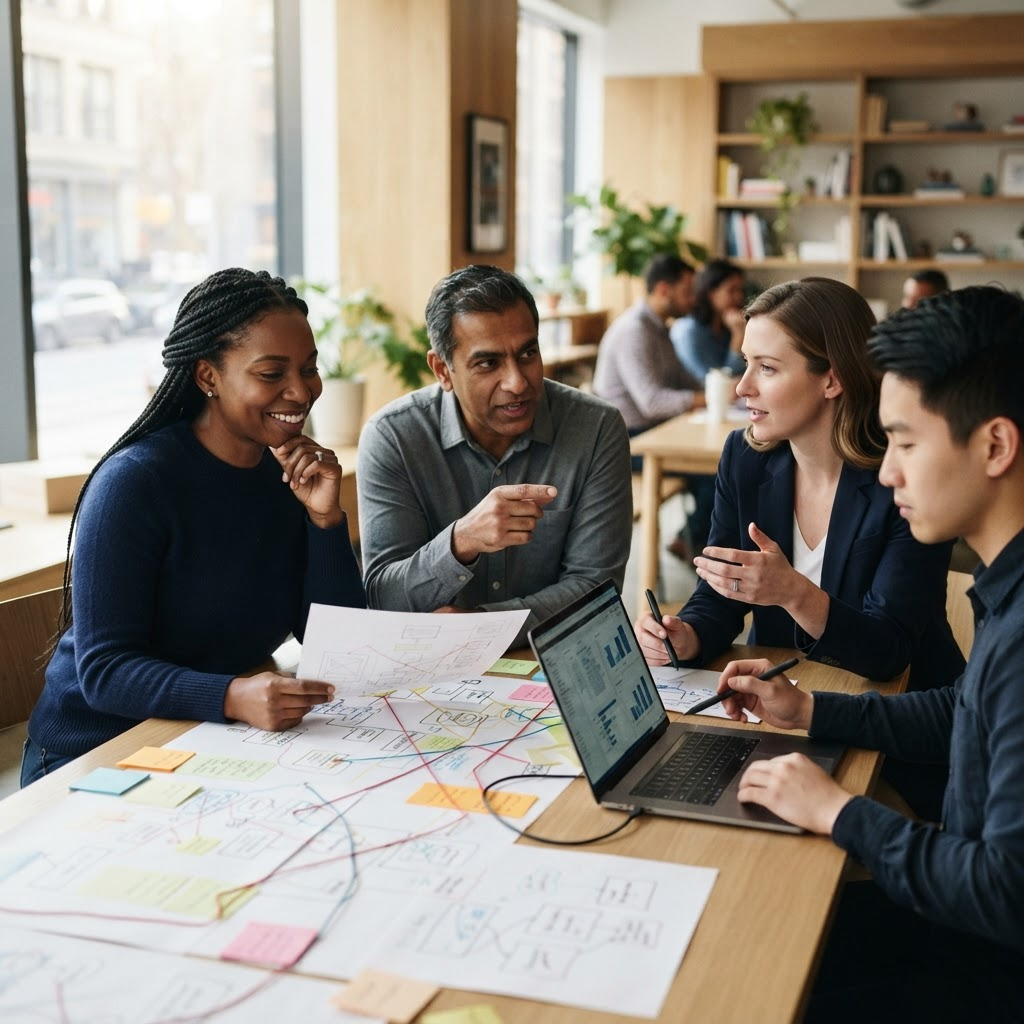 A collaborative team translating a human problem into a practical technology plan